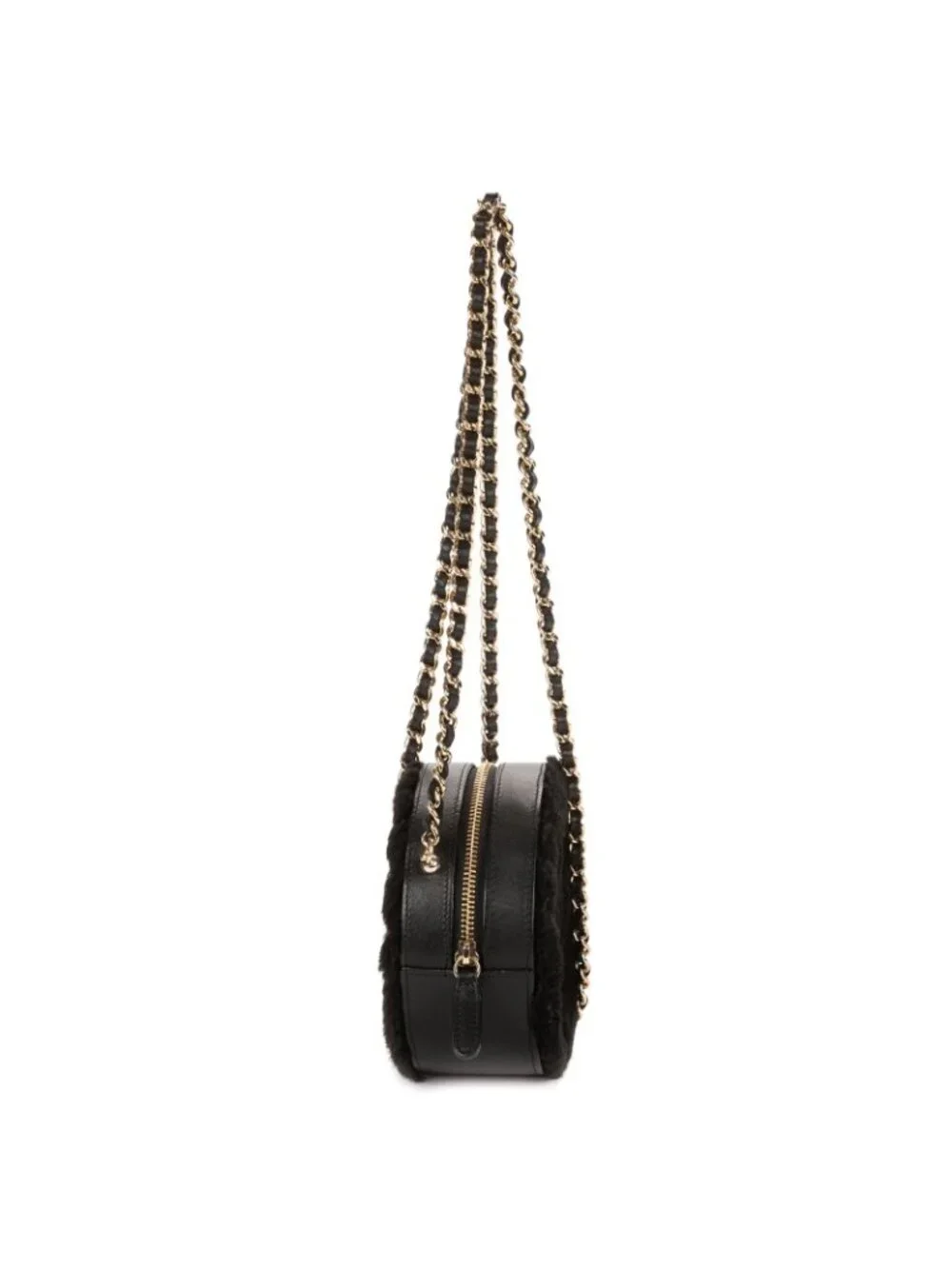 Chanel CC Shearling Chevron Round Crossbody Black Canvasa